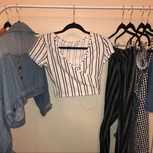 White And Black Striped Surplice T-Shirt 🦋